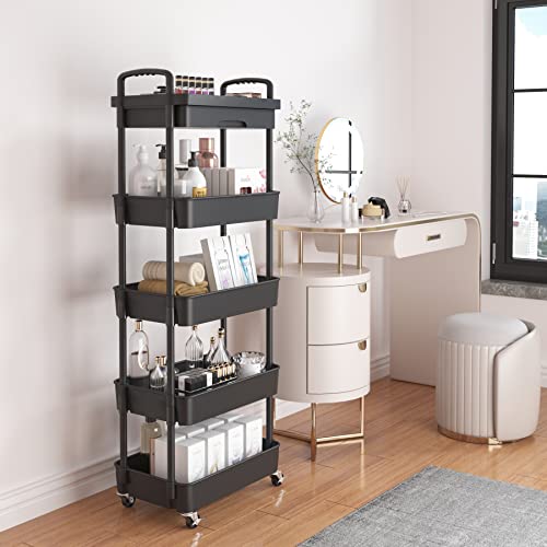 Calmootey 5-Tier Utility Cart with Drawer & Wheels, Storage for Home,Office - color: Black, size: 5-Tier