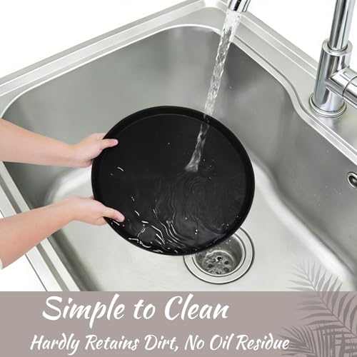 9 Pcs 16 Inch Large Restaurant Serving Trays Black Round Non Slip Plastic Tray with Rubber Lined for Bar Drink Cafeteria Food Coffee Table Hotel Party