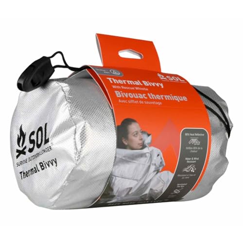 SOL Thermal Bivvy with Rescue Whistle, Silver, 80% Heat, 84" x 34"