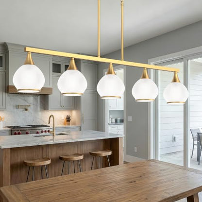 Phaosio Brushed Gold Kitchen Island Linear Pendant Light, 5-Light - color: Gold (White Glass Shades), size: 5-Light