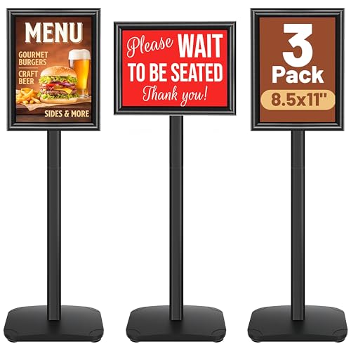 3-Pack Heavy Duty Pedestal Sign Holder Stand 8.5x11 Inch, Adjustable Floor Standing Sign Holder with Weighted Base, Vertical & Horizontal Menus Signage Stands for Outdoor Advertising, Posters, Black - color: Black, size: 3 Pack - 8.5x11 in