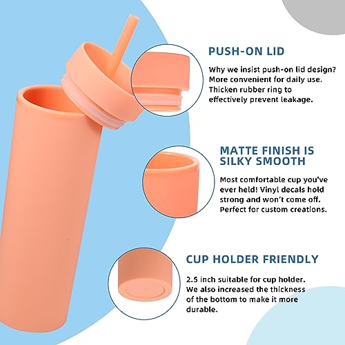 Volhoply 16oz Plastic Skinny Tumbler With Lid and Straw Bulk 4 Pack,Insulated Double Wall BPA Free Matte Acrylic Tumblers,Iced Coffee Travel Mug Reusable Party Cup,Customizable Diy Gifts(Orange,4 Set) - color: Orange