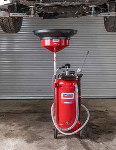 Lincoln 3639 25 Gallon Fluid Drain and Evacuator Tank Combo, 51-76" Adjustable Funnel Height, Built-in Safety Valve, 7' Discharge and 6.5' Evacuation Hoses, 6 Evacuation Wands, Fluid Level Sight Gauge