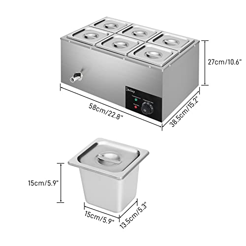 Winado 110V 6-Pan Commercial Food Warmer, 19QT Electric Steam Table 6 Inch Deep, 1200W Countertop Stainless Steel Food Soup Buffet w/Temperature Control & Lid for Catering, Restaurant, Party - size: 19 QT/6 Pan