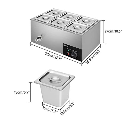 Winado 110V 6-Pan Commercial Food Warmer, 19QT Electric Steam Table 6 Inch Deep, 1200W Countertop Stainless Steel Food Soup Buffet w/Temperature Control & Lid for Catering, Restaurant, Party - size: 19 QT/6 Pan