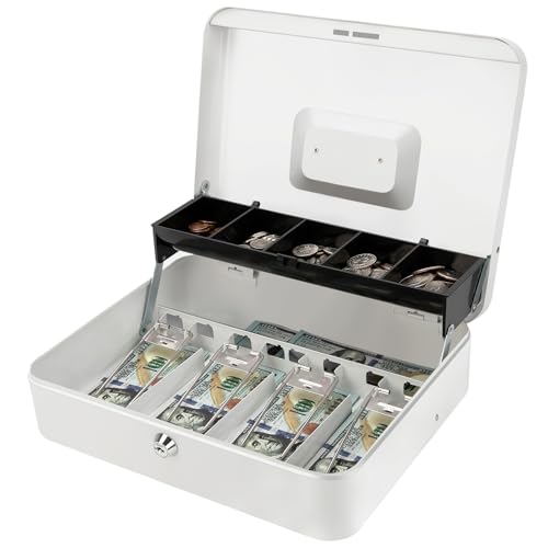 Jssmst Metal Cash Box with Money Tray and Lock, Portable Cash Drawer, 11.8" - color: White Key