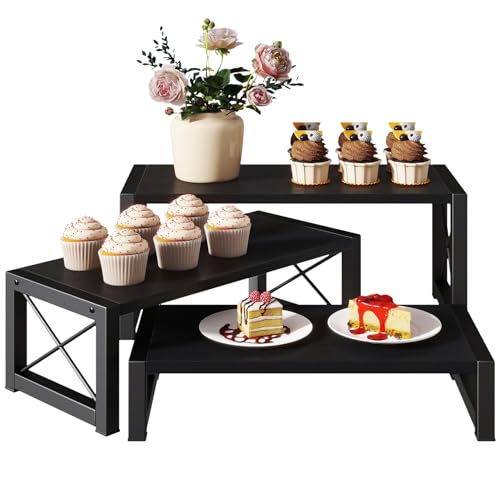 IBUYKE Wood Cupcake Display Stand,Set of 3,Black TLJ019B