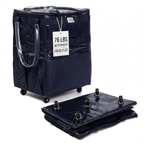 KELN Rolling Tote Bag on Wheels – 76 lb Foldable Shopping Cart – Blue - color: Blue