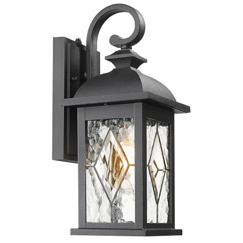 FEMILA Dusk to Dawn Outdoor Front Porch Light, 15" Exterior Waterproof Wall Light Fixtures, Matte Black Finish with Hammered Glass, E26 Socket, 4FD54B-PC BK-SD - color: Matte Black, Lozenge Pattern, size: 15", Dusk to Dawn