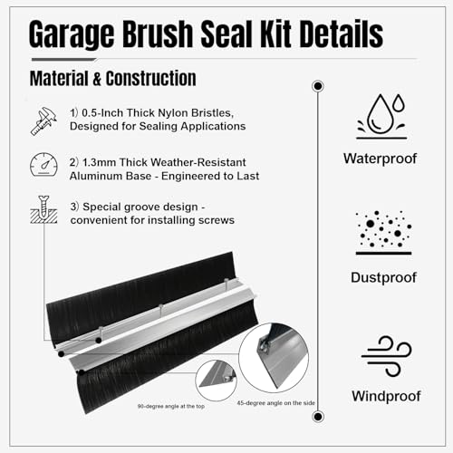 8 x 8ft Garage Door Brush Seal Kit, 3" Heavy Duty Nylon Brush with Aluminum Track for Roll Up, Commercial & Barn Doors, Blocks Dust, Drafts, Energy Saving - size: 3" Brush Seal for 8x8ft Door