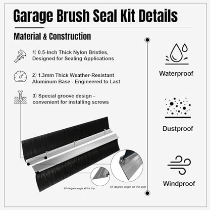 8 x 8ft Garage Door Brush Seal Kit, 3" Heavy Duty Nylon Brush with Aluminum Track for Roll Up, Commercial & Barn Doors, Blocks Dust, Drafts, Energy Saving - size: 3" Brush Seal for 8x8ft Door