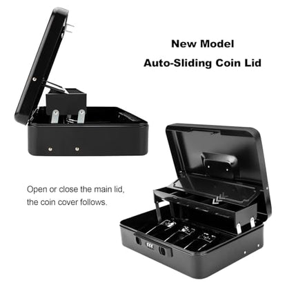 Cash Box with Snap Latch Combination Lock and Sliding Coin Lid, Secure Cash Box with Money Tray and Lock, Durable Safe Money Box for Home and Office,Black,11.8"L x 9.5"W x 3.5"H - color: True Black