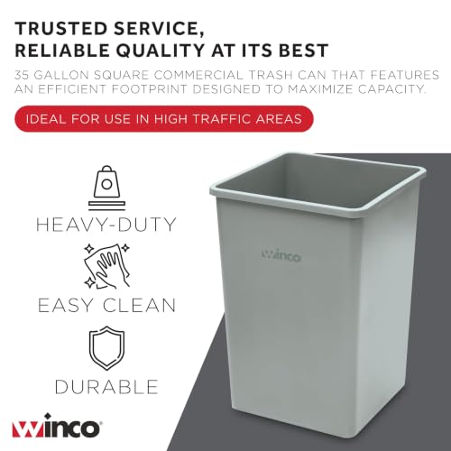 Winco 35 Gallon Gray Commercial Square Plastic Trash Can - color: Gray, size: 35 Gallon