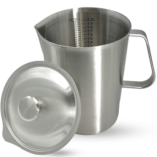 Stainless Steel Pitcher with Lid, 70 oz Large Metal Measuring Cup with Handle, 8 Cup Milk Frothing Jug 2 Liter Water Pitcher for Coffee Latte Art Cappuccino Espresso Machine Accessories