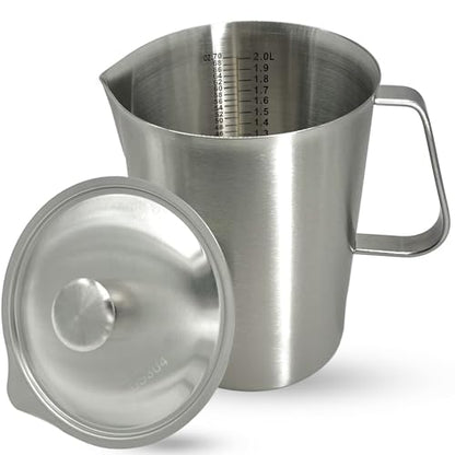 Stainless Steel Pitcher with Lid, 70 oz Large Metal Measuring Cup with Handle, 8 Cup Milk Frothing Jug 2 Liter Water Pitcher for Coffee Latte Art Cappuccino Espresso Machine Accessories