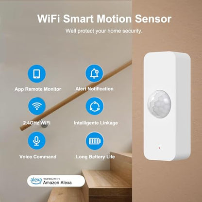 WiFi Motion Sensor, Smart Motion Detector for Home Security, Wireless Motion Sensor App Remote Monitor, Voice Command Compatible with Alexa. 2 Pack
