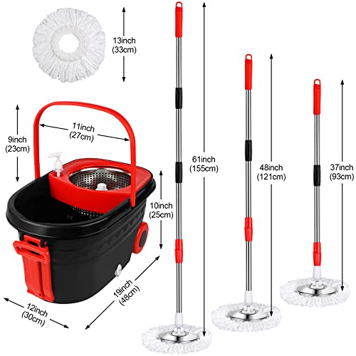 Mop Bucket Set, 360 Spin Stainless Steel Spin Mop Bucket System with 3 Mop Heads, for Floor Cleaning - color: Black Red