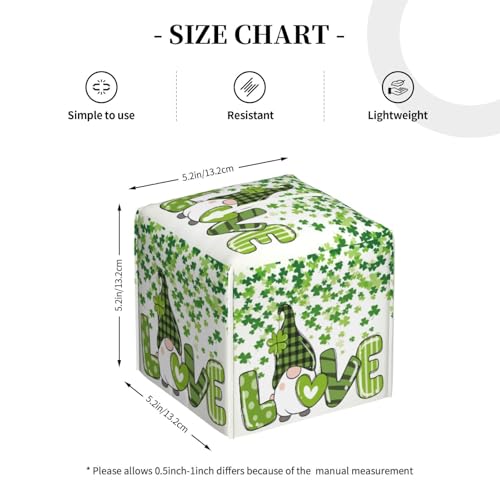 St Patrick's Day Gnome Tissue Box Cover Shamrock Clovers Square Leather Tissue Case Holder Facial Paper Cover Case Organizer Decorative for Tabletop Night Stands Desk Bathroom Kitchen Decor