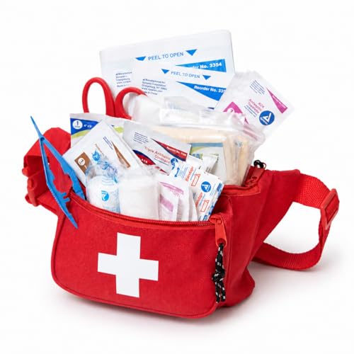 NOVAMEDIC First Aid Fanny Pack Stocked with 75 Piece Emergency Essentials, 8"x2"x6", Waist Bag w/ 3 Zippered Compartments & Adjustable Strap for Lifeguard, Hiking, Travel Men & Women, Durable, Red