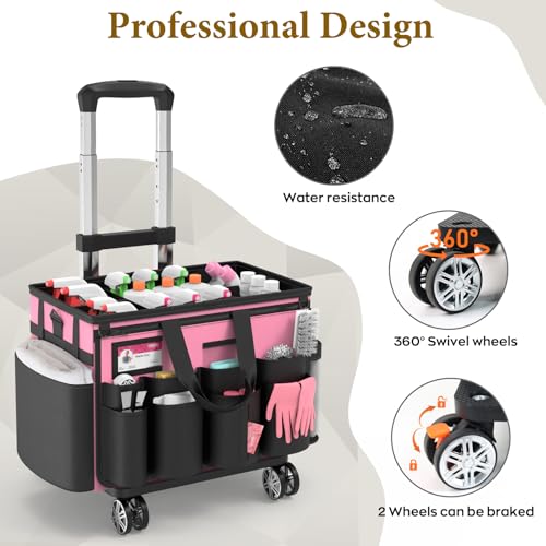 Cleaning Caddy with Wheels - Rolling Cleaning Caddy Bag with Detachable Trolley, Cleaning Caddy for Cleaning Supplies, Cleaning Bag for Housekeeping, Pink - color: Pink