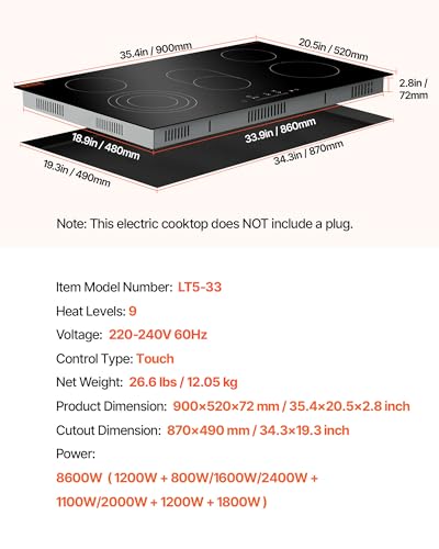 VEVOR Electric Cooktop, 36 inch 5 Burners Built-in Electric Stove Top, 8600W Ceramic Top Radiant Cooktop with Glass Panel, Touch Control, Timer, Child Lock, 9 Heat Level, 220-240V, Hard Wire (No Plug) - size: 36 IN-5 Burner+Touch Control