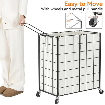 WOWLIVE Double Laundry Hamper with Wheels, Metal Rolling Laundry Basket - color: Black and White, size: 120l