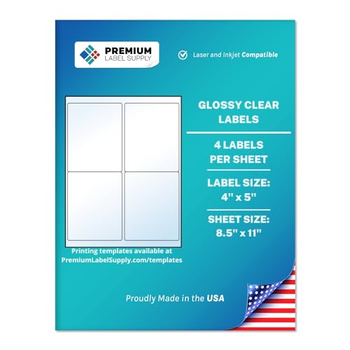 Premium Label Supply Glossy Clear Labels – 4" x 5" – Laser/Inkjet Compatible – (4 per Sheet), 100 Sheets – 400 Total Adhesive Labels - size: 400 Labels