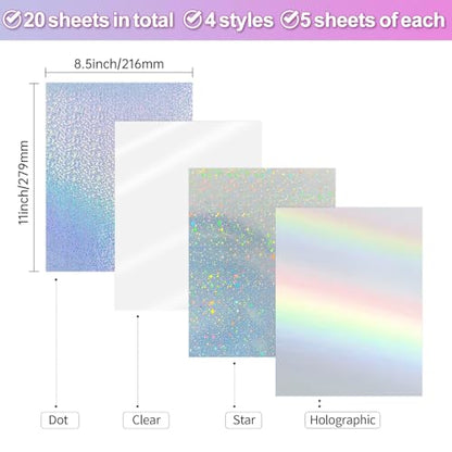 Holographic Sticker Paper for Inkjet & Laser Printer 8.5x11 inch Printable Vinyl Holographic Sticker Paper Self-Adhesive Waterproof- Star, Rainbow, Dots, Transparent- 20 Sheets - color: 4 Style- A, size: 8.5" x 11"