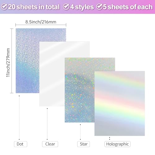 Holographic Sticker Paper for Inkjet & Laser Printer 8.5x11 inch Printable Vinyl Holographic Sticker Paper Self-Adhesive Waterproof- Star, Rainbow, Dots, Transparent- 20 Sheets - color: 4 Style- A, size: 8.5" x 11"