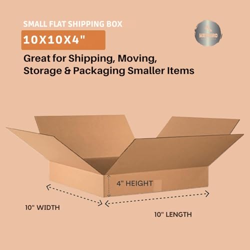 Flat Shipping Boxes 10"L x 10"W x 4"H (25 Pack) | Corrugated Cardboard Single-Wall Small Kraft Boxes for Moving, Packing and Storage - size: 10x10x4