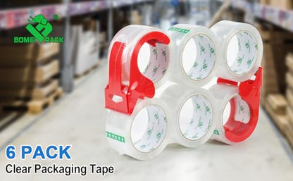 BOMEI PACK Heavy Duty Transparent Packing Tape,6 Rolls with Refillable Dispenser,Industrial Grade Packaging Tape for Shipping Moving Sealing,1.88 inches x 55 Yards Per Roll