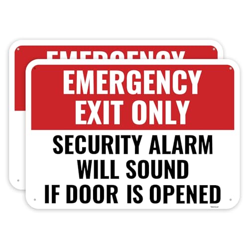 2PC Emergency Exit Only Sign, 10 x 7 Inches - Aluminum - Security Alarm Will Sound If Door Is Opened - color: 10" x 7"