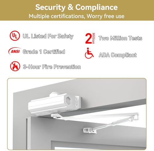 Automatic Door Closer Heavy Duty Fire Prevention Spring Hydraulic Aluminum Alloy Surface Mounted Residential Commercial Grade Door Closer Adjustable Speed Door Weights 55-99 Lbs Size1-White - size: Size1 White-Door Weight 55-99 Lbs