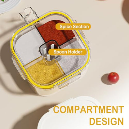 4-Compartment Clear Seasoning Box with Lids and Spoons, Airtight Condiment Organizer, Kitchen Spice Container Set for Salt, Sugar, Pepper (White) - color: White