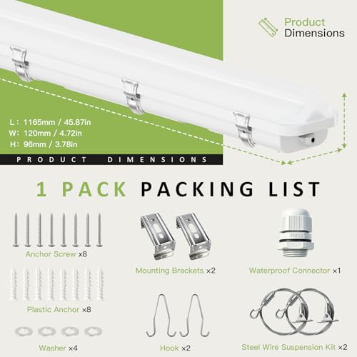 4FT LED Wide Vapor Tight Light, 60W/50W/40W 3CCT IP65 Shop Light 6-Pack - size: 6Pack