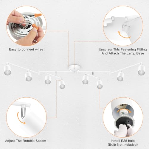 BoostArea LED 8 Light Track Lighting Kit, White 8 Way Ceiling Spot Lighting, Flexibly Rotatable Light Head for Kitchen, Living Room, Bedroom, GU10 Bulb Not Included - color: 8 Light-White