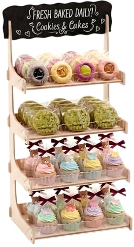 HOTCAN Cookie Display Stand for Bakers & Vendors with Acrylic Front | Wooden Dessert Stand with Chalkboard Sign for Market Booths, Craft Fairs & Events | 4 Tiered Cookie Display for Cupcakes, Muffins & Pastries (Natural) - color: Natural, size: 4 Tier