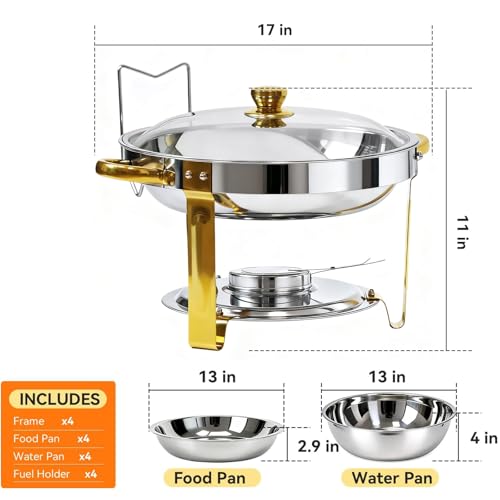 4-Pack Chafing Dish for Buffet Set, 6QT Round 304 Stainless Steel Buffet Food Warmers – Complete Set with Full Accessories for Catering, Wedding Events, Parties & Dinners - color: Silver