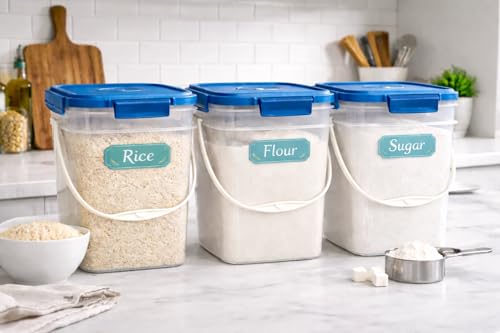 House Naturals 4 Gallon Square Food Grade Bucket Pail with Plastic Handles and Lid (Pack of 3) Made in USA containers (Clear - Blue lids) - color: Clear - Blue Lids