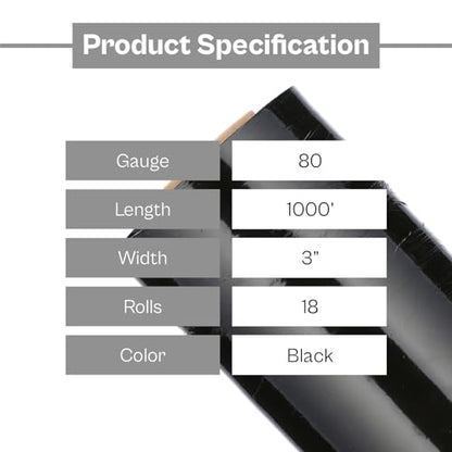 PSBM Dark Black Mini Stretch Wrap with Plastic Handle, 18 Rolls 3 Inch x 1000 Feet 80 Gauge, Heavy Duty Plastic Wrap Industrial Strength Shrink Film for Moving, Packing & Shipping - color: Black, size: 3 Inch