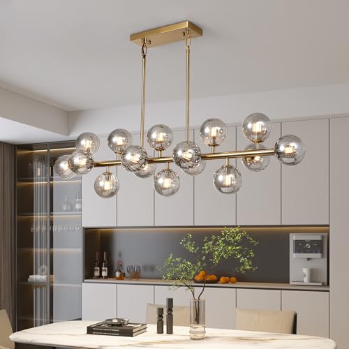 Globe Gold Chandelier Smoke Grey Linear Rectangle Modern Chandeliers Glass Pendant Light Fixture Adjustable for Dining Living Room Kitchen Island 55" - color: Grey-55n