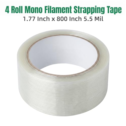4 Roll Mono Filament Strapping Tape Heavy Duty Packing Tape, 1.77 Inch x 800 Inch 5.5 Mil, Transparent Fiberglass Reinforced Packaging Tape for Pallet Wrap Bundling Moving Warehouse