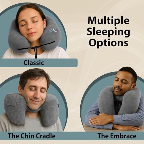 FLOWZOOM Air Inflatable Neck Pillow for Traveling on Plane - H-Shape Hooded Travel Pillow with 5 Snooze Modes, Fast Inflation, Pressure Control, Cozy Clip-On Hood & Plushy Cover - Size L, Silver Gray - color: Silver Gray