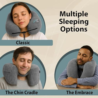 FLOWZOOM Air Inflatable Neck Pillow for Traveling on Plane - H-Shape Hooded Travel Pillow with 5 Snooze Modes, Fast Inflation, Pressure Control, Cozy Clip-On Hood & Plushy Cover - Size L, Silver Gray - color: Silver Gray