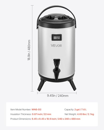 VEVOR Insulated Beverage Dispenser, 2 Gal/7.6L Stainless Steel Thermal Drink Server with Spigot & Temp Display, Suitable for Hot and Cold Drinks, for Tea Coffee Water in Cafes & Restaurants, Silver - size: 2 Gal (1 Pack)