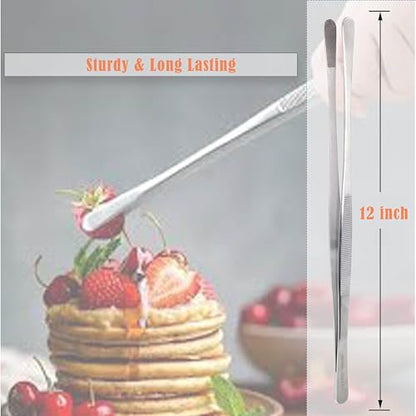 Professional Culinary Stainless Steel Precision Tongs With Serrated Tips - Plating/Food Presentation Detailing Serving - Chef's Kitchen Tweezer - Ultra Non-Slip Grip (12" Wide Jaws) - size: 12" Wide Jaws