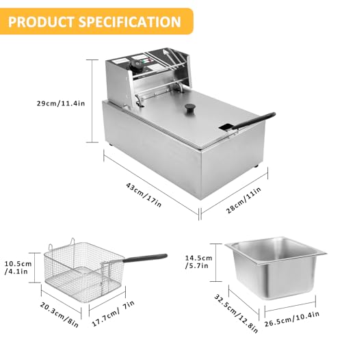 Commercial Deep Fryer, 2500W Electric Countertop Fryer with Basket, 11.4QT Stainless Steel Oil Fryer, with Temp Control, for Kitchen Restaurant Use