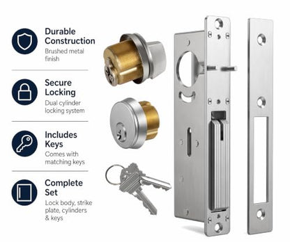 Commercial Mortise Lock 1-1/8" Backset, Brass Cylinder, Storefront (Silver)