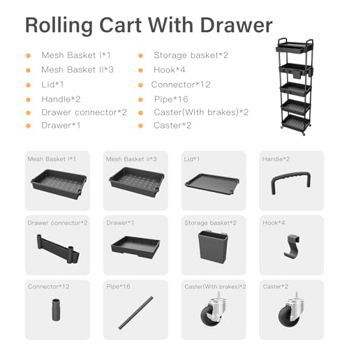 5 Tier Rolling Utility Cart with Drawer,REBECAT Utility Cart Made of Multifunctional Storage Organizer Tool for Kitchen,Bathroom,Living Room,Office(Black) - color: Black
