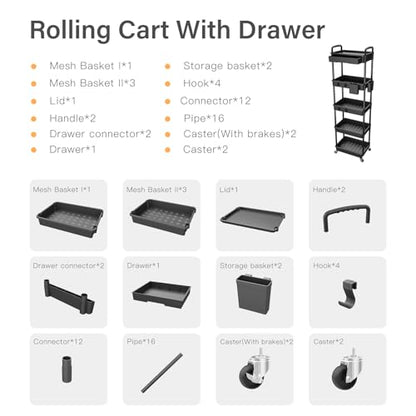 5 Tier Rolling Utility Cart with Drawer,REBECAT Utility Cart Made of Multifunctional Storage Organizer Tool for Kitchen,Bathroom,Living Room,Office(Black) - color: Black